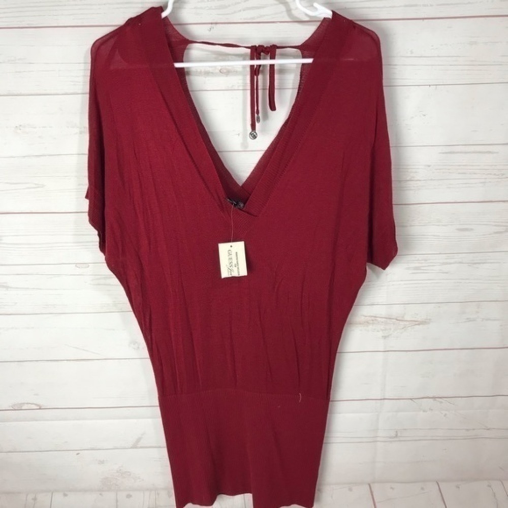 Guess burgundy Deep V neck sweater tunic dress with tie back women’s size XS NWT